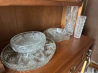 Platter with small bowl, leaf-shaped dish with bowl, two cylindrical vases