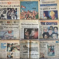 Nine front pages including 1970s and 1980s souvenir editions, millennium, Pope visit, Indira Gandhi, Quebec crash