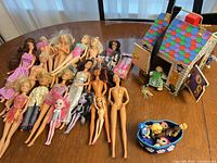 Overview of dolls, carry case, pet bed and accessories on table