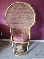 Front view of wicker peacock chair showing full structure and cushion