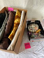 Overview of fabric box and sewing supplies