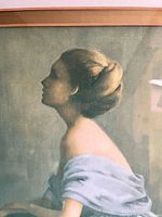 Close-up of woman’s head and shoulders in JPL print, showing color palette and print quality