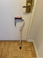 Full view of cane showing floral shaft, handle, tip