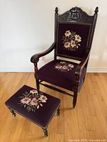 Full view of chair and footstool showing design, scale and matching upholstery