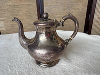 full side view showing spout, body shape, tarnish