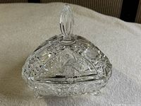 overall view of assembled triangular crystal candy dish with lid attached