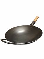 Side view showing wok interior, long wood handle, loop handle