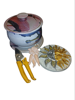 Group shot of jar, plaque, shears, carrot ornament