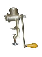 Full view showing grinder body, clamp screw, crank and wood handle