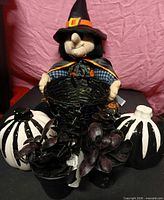 Plush witch basket flanked by striped ceramic pumpkins and faux succulents