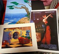 Overall lot: seascape painting, Stitch print, Moulin Rouge poster