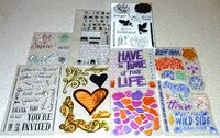 All eight stamp sets laid out showing designs and text