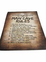 Full view of rectangular metal Man Cave Rules sign showing entire text and color gradient
