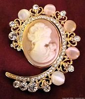 Front view of cameo brooch showing gemstones and setting