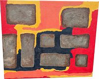 Full view of abstract painting showing textured rectangular forms and color palette