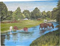 Full view of pastoral cattle landscape painting