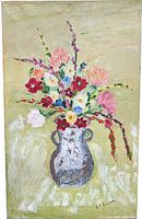 Full view of oil painting showing entire floral still life on canvas