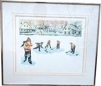 Full view of framed limited edition print showing winter hockey scene