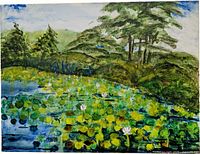Full view of painting showing pond, water lilies and tree line