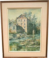 Full view of framed painting showing subject matter and signature