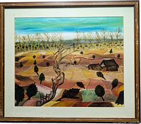 full view of framed oil painting depicting rural landscape