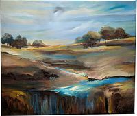 Full view of landscape painting showing river, fields, trees
