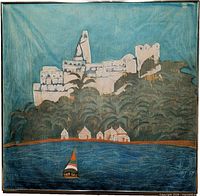 Full view of framed textile painting showing fortress, hillside, village and sailboat