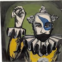 Full view of the acrylic clown painting on green background