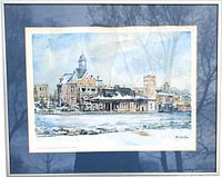 Full view of framed winter townscape print