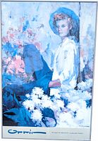 Full view of framed lithograph showing seated woman among blossoms