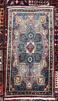 Full view of Hamadan rug showing entire pattern and fringe