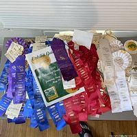 Group of multi-colored ribbons, rosettes, entry tags and exhibit guide