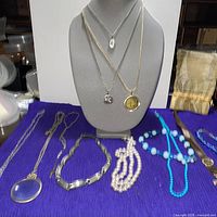 Overall view of all necklaces displayed on bust and table