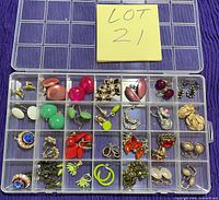 Overall view of 24-slot organizer filled with earrings, shows quantity and variety