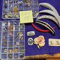 Overview of lot showing pins in two organizers, three headbands, cufflinks, brooches and belt buckle