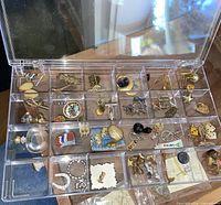 overview of organizer showing multiple compartments filled with assorted jewelry pieces