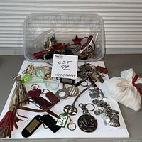 Overview of entire lot showing keychains on white board and additional items in plastic bin
