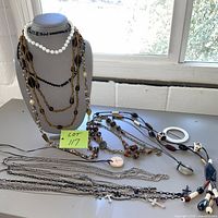 Group shot showing necklaces on display bust and table