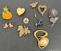 All ten pins and brooches arranged on dark background