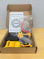 Box contents: drill, battery, charger, flexible shaft, bits, manual