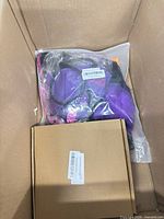 Top view showing purple pouch and cardboard box