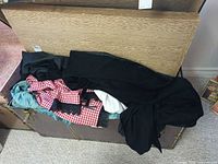 Open trunk showing multiple vintage costume garments