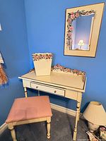 Desk, bench, mirror, waste bin together