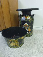 Milk can table with matching basin, full view