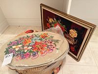 Basket, plastic-wrapped oval needlepoint, framed needlepoint art