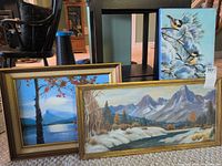 Three Hazel Dewson paintings: two framed landscapes and one canvas of birds
