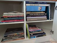 Cabinet showing four stacks of various travel and history books