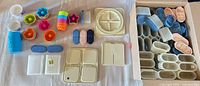 Overview of all containers, trays, silicone cups and lids laid out