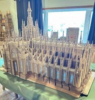 Full view of wooden Gothic cathedral model on base