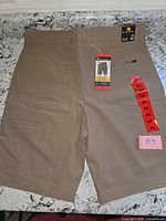 Front view of beige BC Clothing shorts with tags attached showing size 34